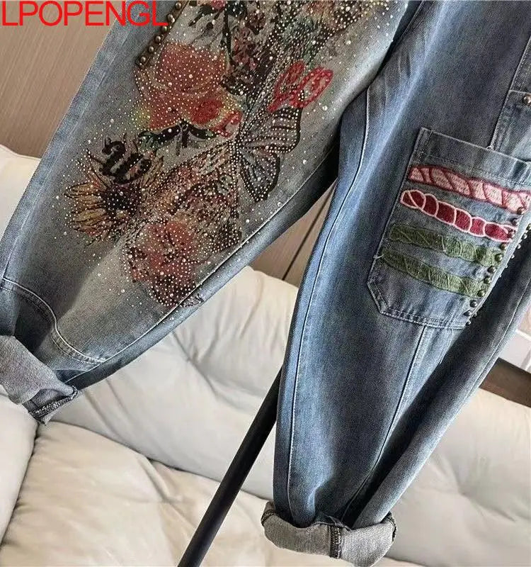 Elastic Waist Hot Diamond Jeans For Women 2026 Spring And Summer New Embroidered Denim Straight Loose Harem Daddy Pants