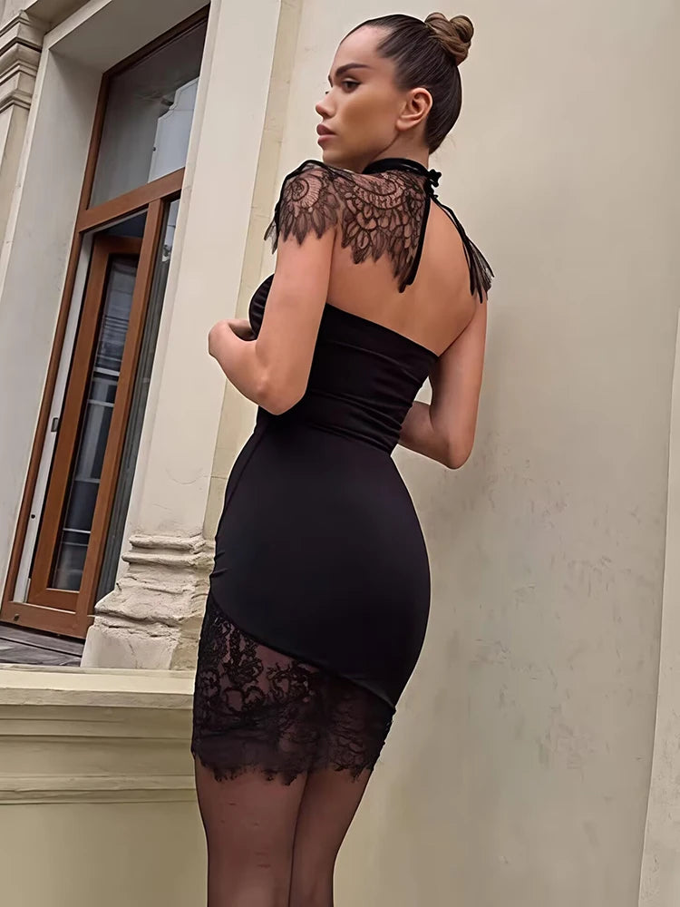 Mozision Lace Backless Sexy Mini Dress Women Gown Elegant See Through Turtleneck Sleeveless Bodycon Club Party Dresses Female