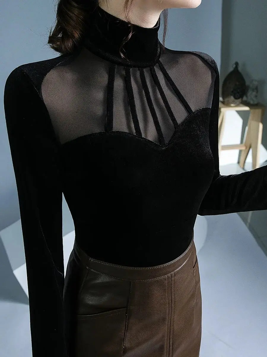 Velvet Mesh Turtleneck Top - Long Sleeve Slim Fit Elegant