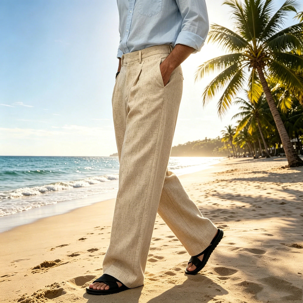 Men's Linen Wide Leg Pants High Waist Casual Loose Fit Straight Leg Suit Trousers Holiday Beach Daily Office Wear
