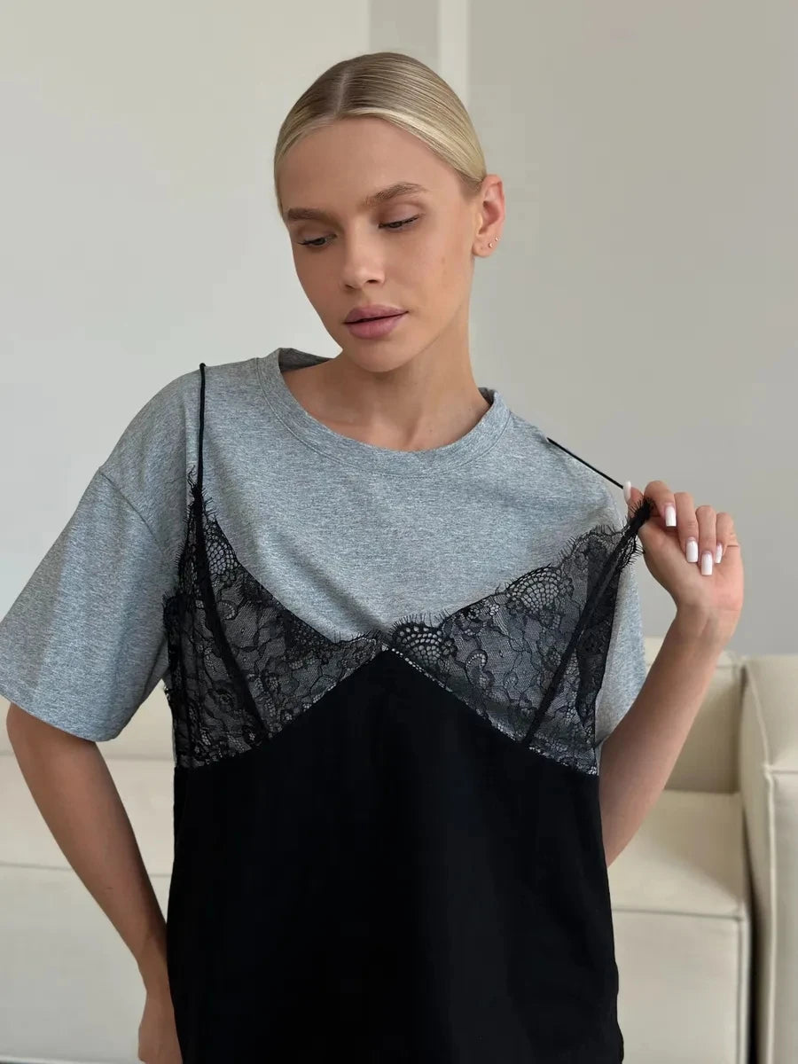 Hirsionsan Elegant Cotton T Shirt Women 2026 Summer Oversized Tee Casual Loose Lace Patchwork T-shirt Chic Vintage Female Tops