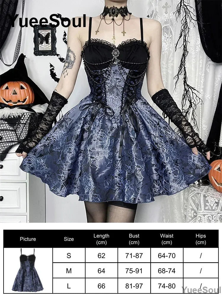 Grunge Gothic Women Dress Lace Trim High Waist Bodycon Mini Dress 2026 New E-girl Vintage Punk Harajuku Lolita Party Clothes