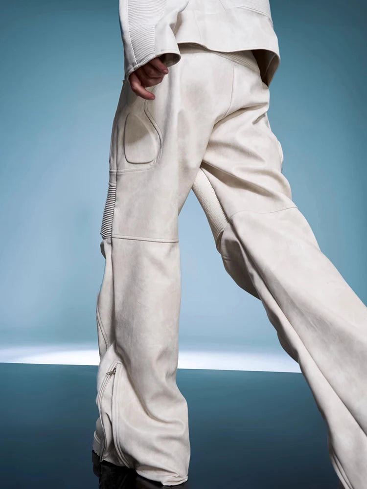 LEATHER STRAIGHT - Men's Distressed White Faux Leather Straight Pants - XS–XL