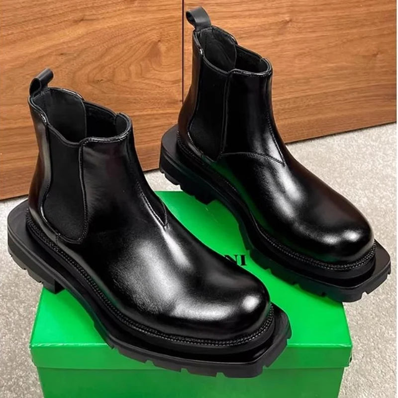BRITISH RISE - Men's Calfskin Chelsea Boots - +6cm Height, Waterproof, Square Toe, EU 38–44