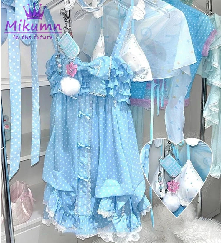 Mikumn Gothic Girls Vintage Pink Polka Dot Dress Harajuku Japanese Y2k Black Bow Kawaii Women Sleeveless Strap Mini Dresses