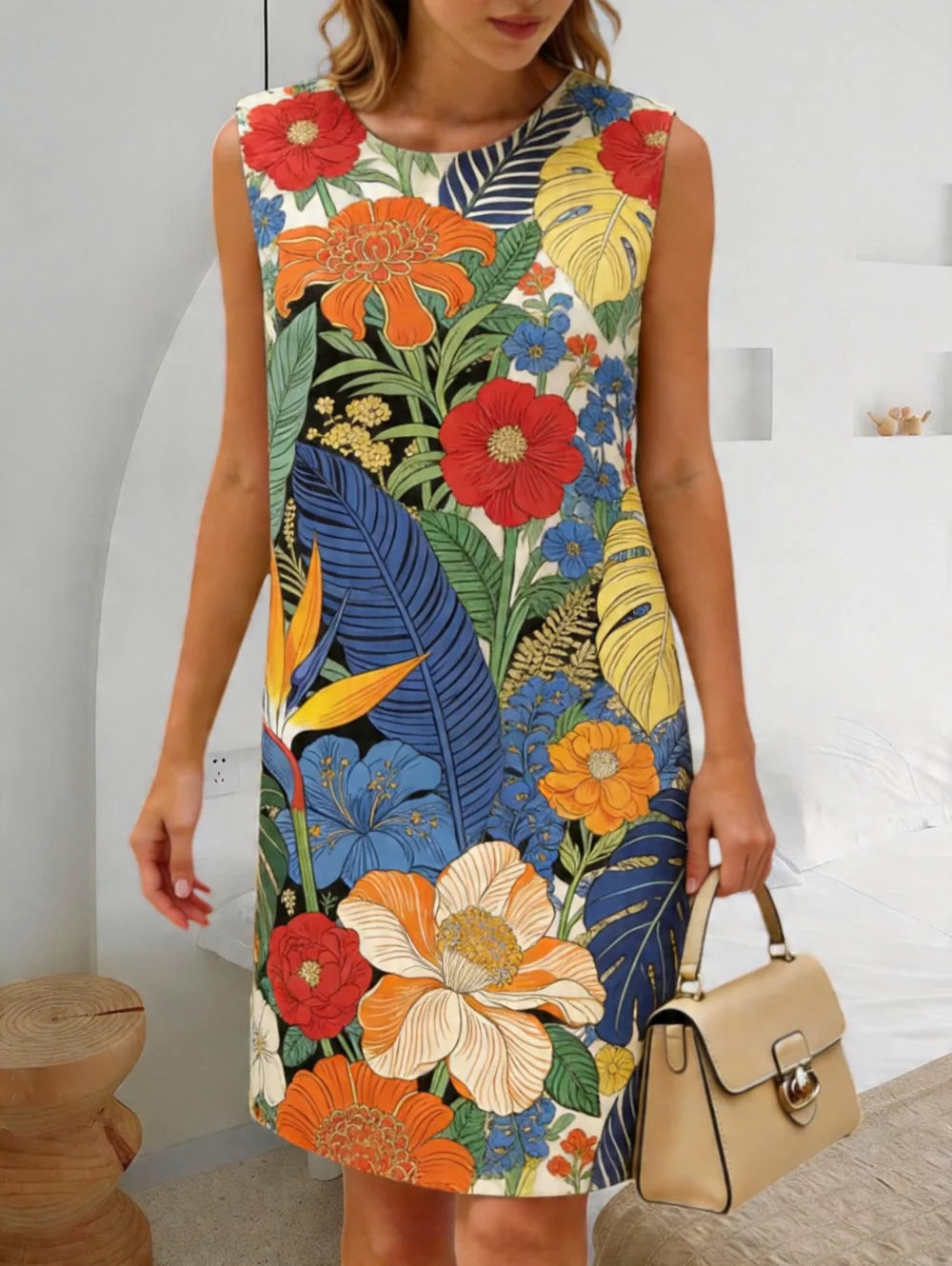 2026 New Women's Casual Dresses Tropical Plant Graphic Printing Bright Colors Fashion Sleeveless Outdoor Hawaii Women's Clothing
