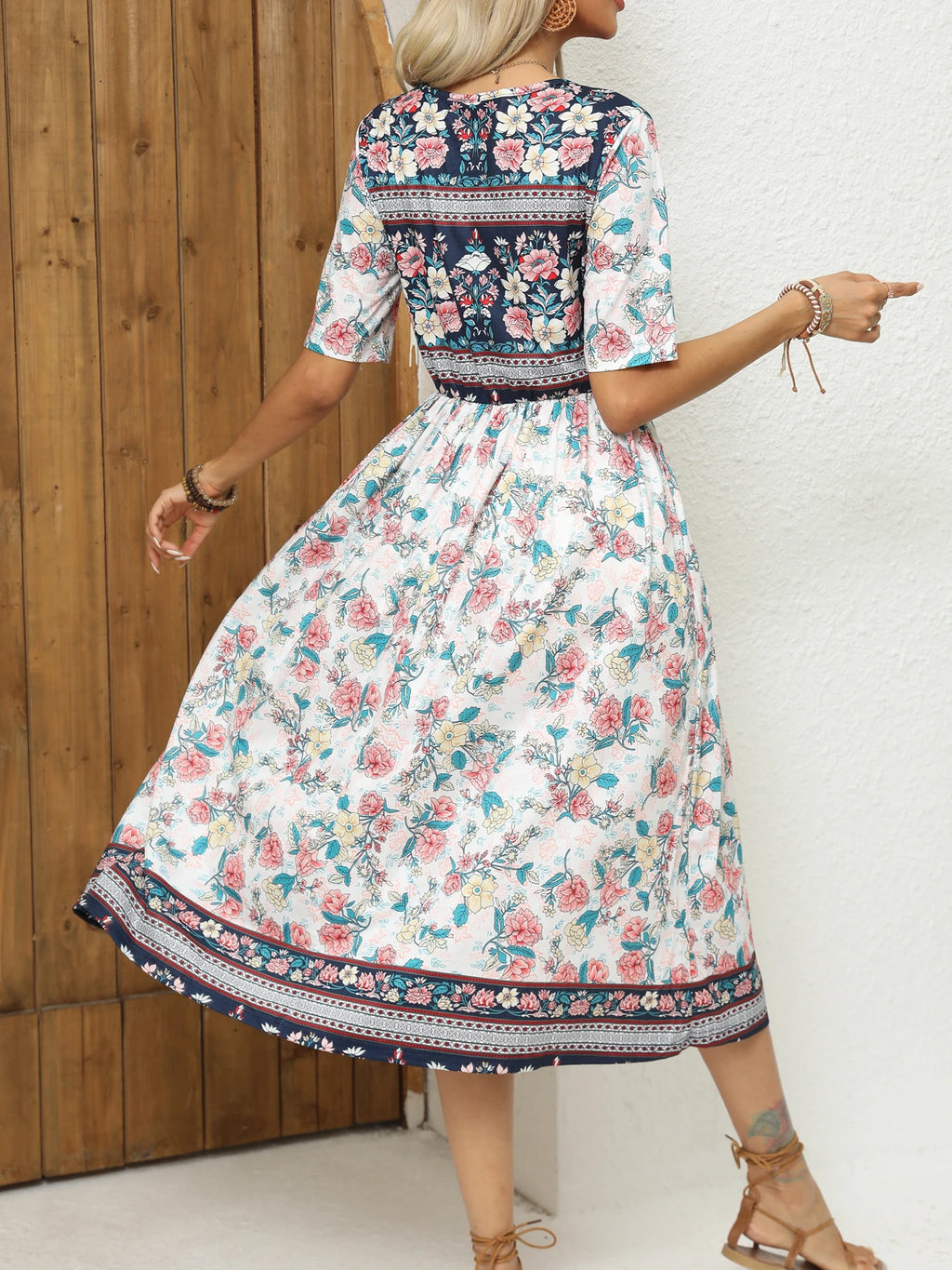 2024 Europe and America autumn ladies round neck short sleeve long skirt Bohemian print dress woman