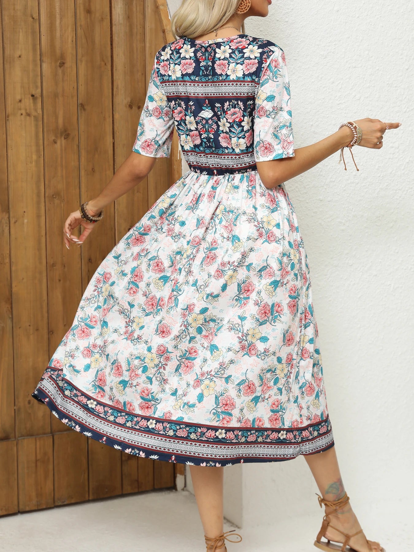 2024 Europe and America autumn ladies round neck short sleeve long skirt Bohemian print dress woman