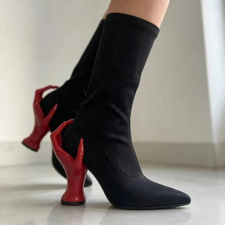 Irregular Heel Mid-Calf Boots - Pointed Toe - Runway Edge