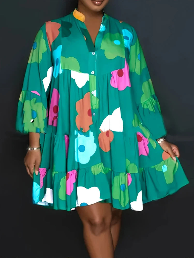Floral Printed plus Size Women's Dress Autumn Casual Loose V-Neck Button Detail Streetwear Polyester Pleated Fashion 2025