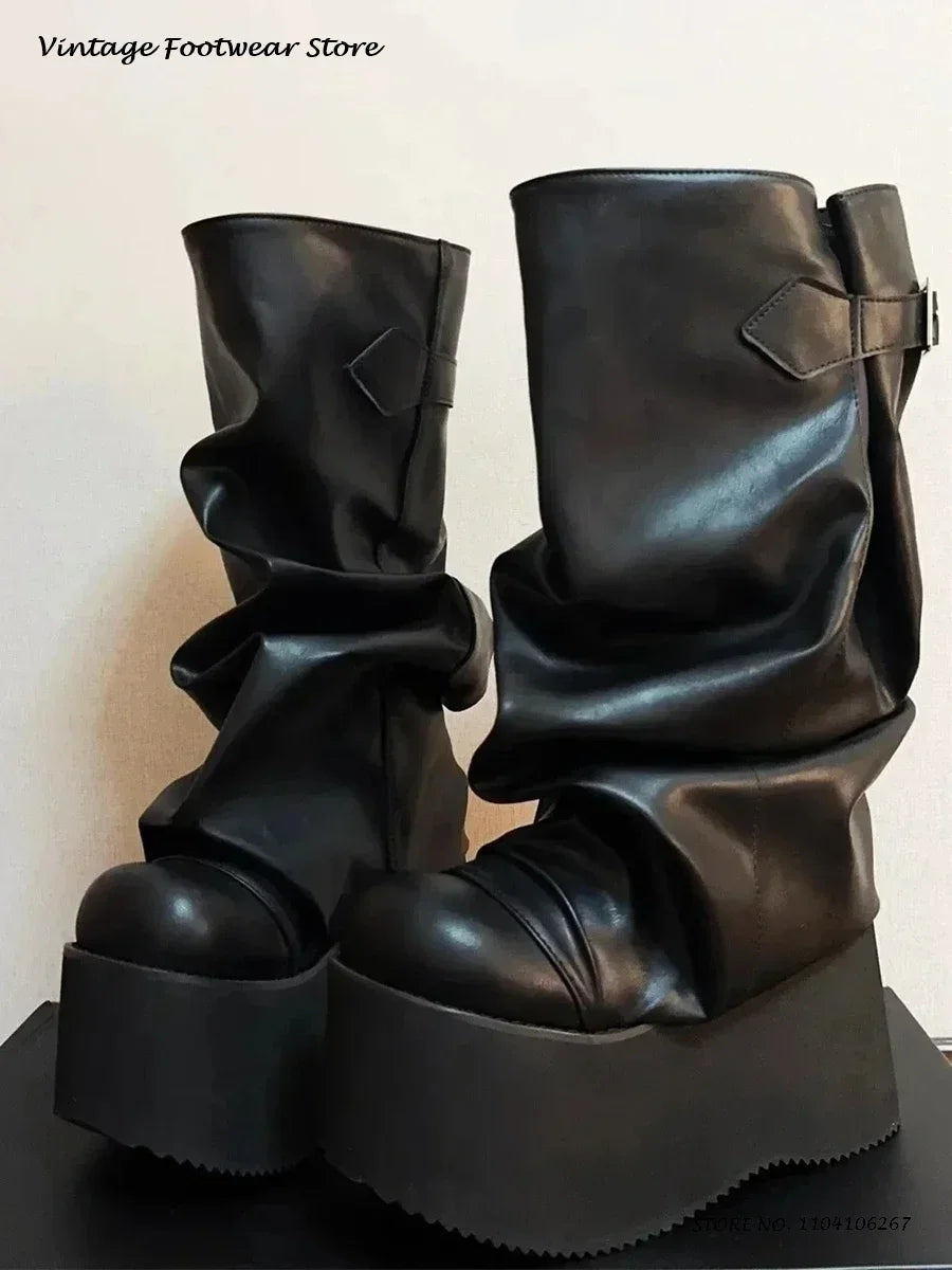 Patchwork Pleated Suede Knee-High Platform Boots