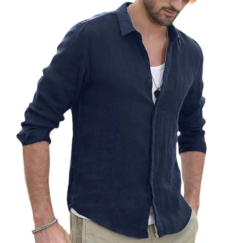 COLLAR STAND - Men's Linen Standing Collar Shirt - Lightweight, Casual