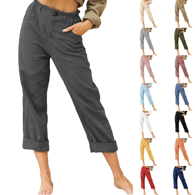 LINEN BLEND HAREM PANTS - Elastic Waist, Rolled Hem - All Day Ease