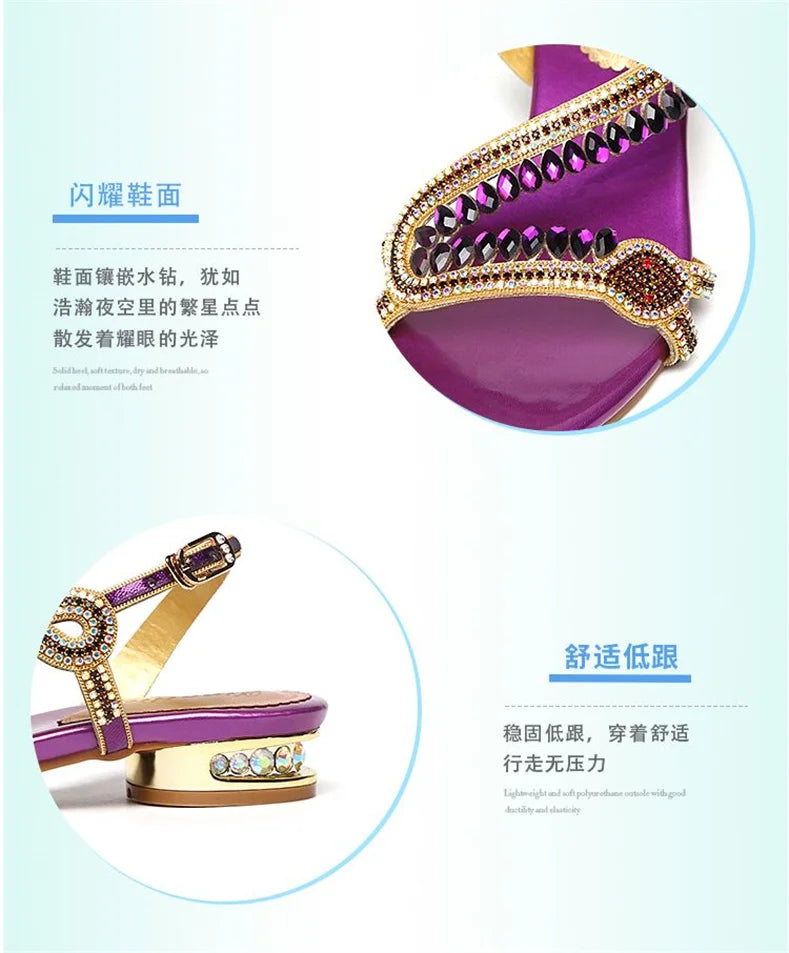 High-grade Rhinestones Fashion New Women's Summer Young Elegant Sandals Thick Heel Leisure Flat Bottomed Beach Sandals