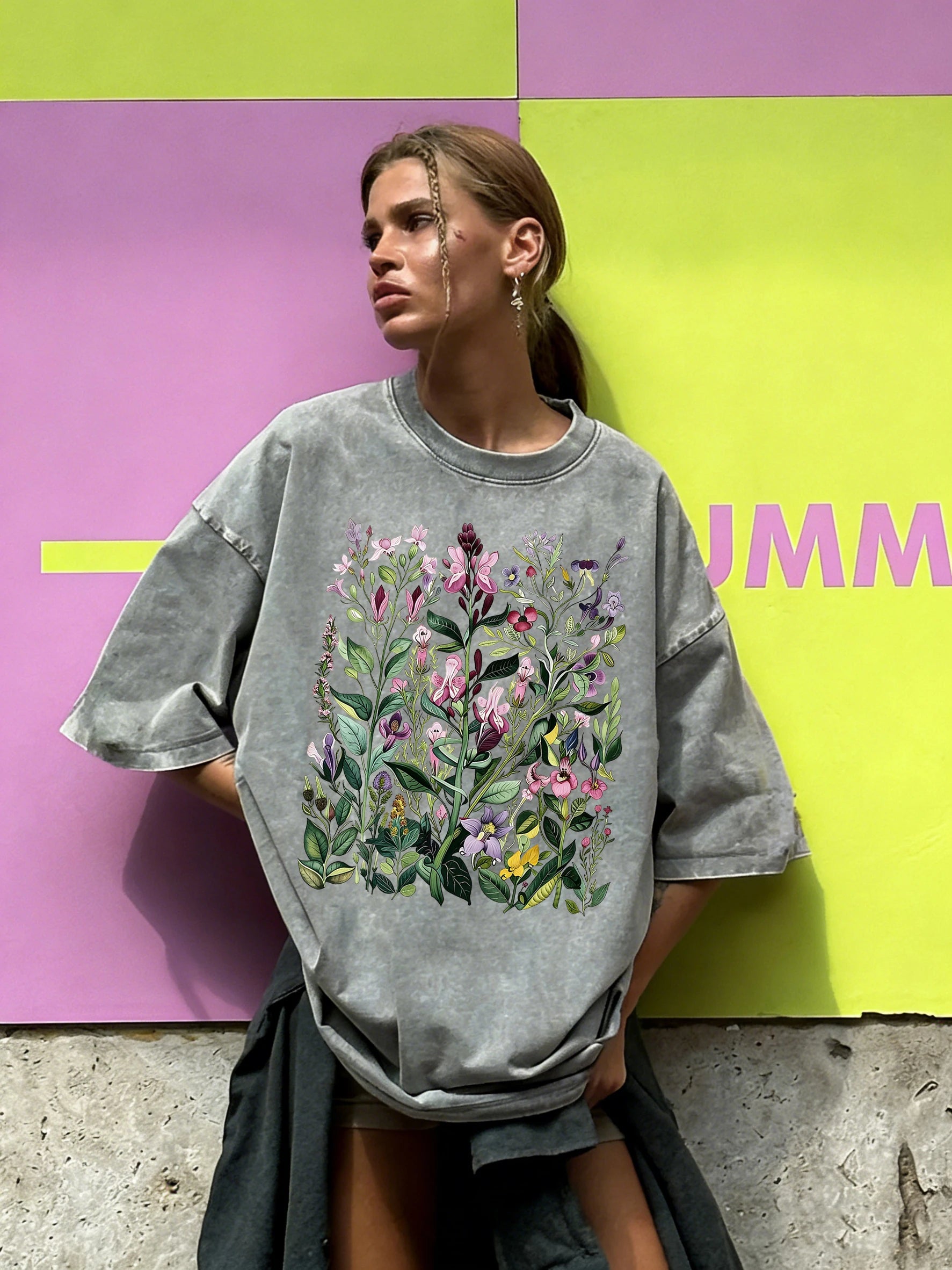 Having Different Beautiful Flowers Print Women Washed T Shirt Summer Loose T-Shirt Crewneck Cotton Clothes All-Match Streetwear