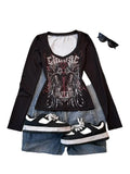Future Hopeful Wings Top - Black Fitted Long Sleeve With Baroque Angel Print