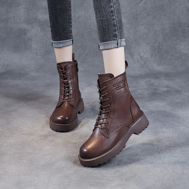 Handmade Cow Leather Mid-Calf Boots – Retro British