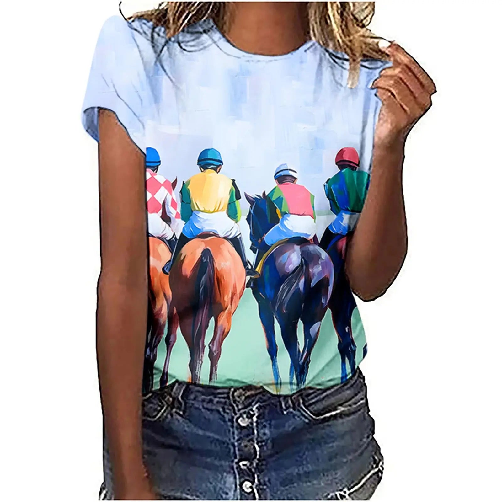 Women's T-Shirts Horse Racing Graphic 3D Printed New O-Neck Short Sleeve T Shirt Y2k Harajuku Tees Tops Female Pullover Clothing