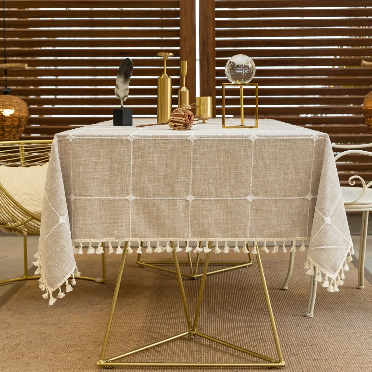 EMBROIDERED LINEN TASSEL TABLECLOTH - Handmade Cotton Linen Cover - Soft & Elegant