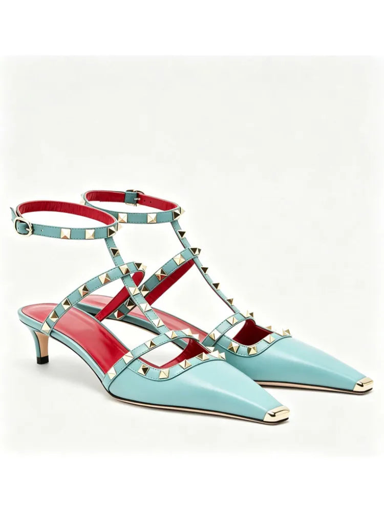 Studded High Heel Sandals – T-Strap Pointed Toe Stiletto Party Heels
