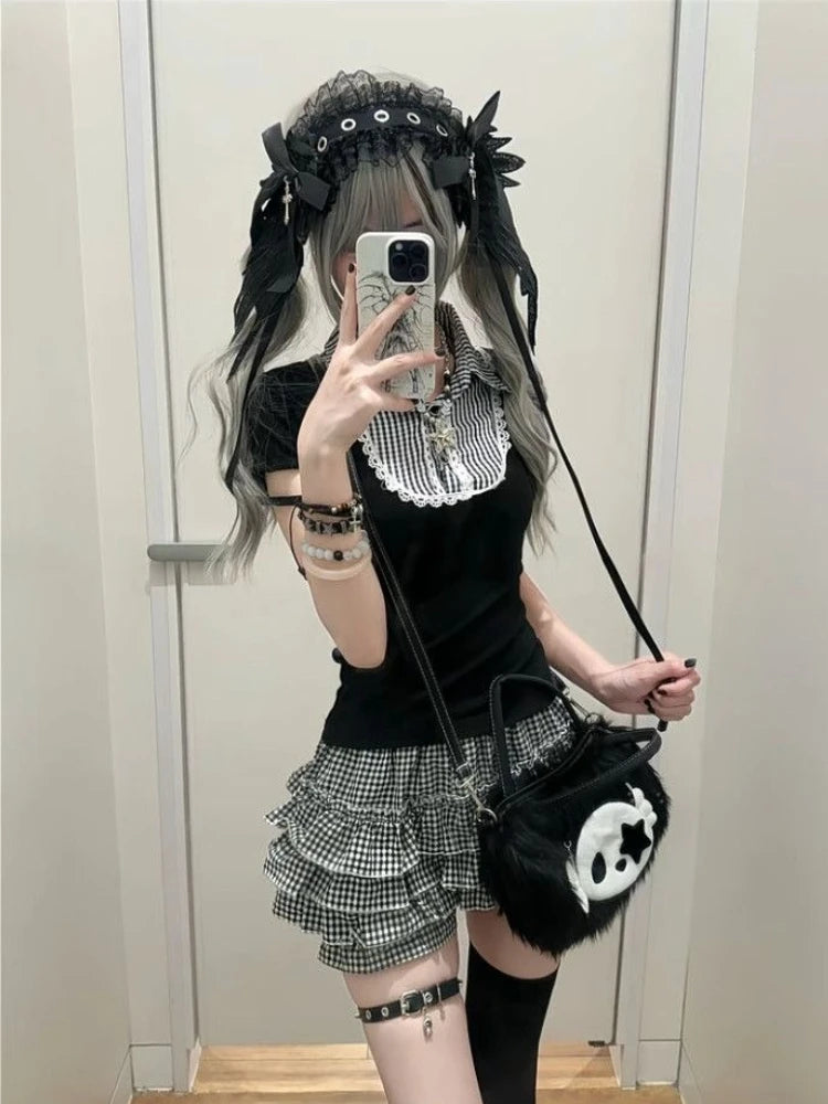 Y2k Black Short Sleeve T-Shirt Vintage Retro Black White Plaid Patchwork Button Sweet Bodycon Fit Polo Top Women Casual Summer
