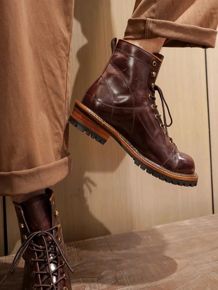 Men's Oil Wax Cowhide Leather Ankle Boots - Handmade Lace-Up Motorcycle British Style