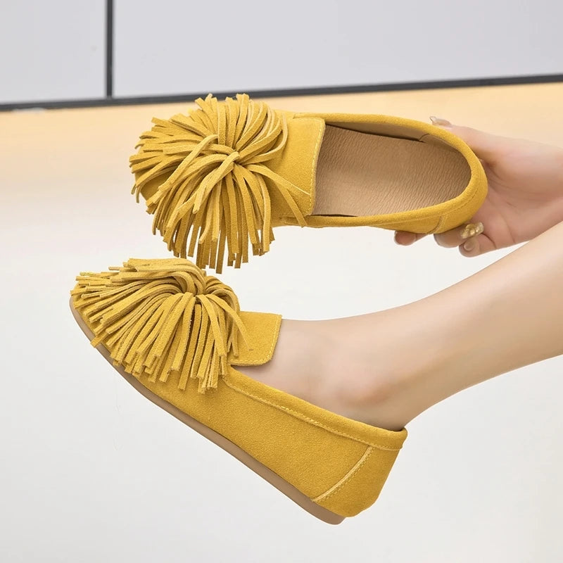 AIYUQI Women's Flat Shoes Genuine Leather 2026 New Tassel Women's Loafers Large Size Ballet Mary Jane Shoes For Women