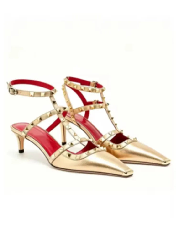 Studded High Heel Sandals – T-Strap Pointed Toe Stiletto Party Heels