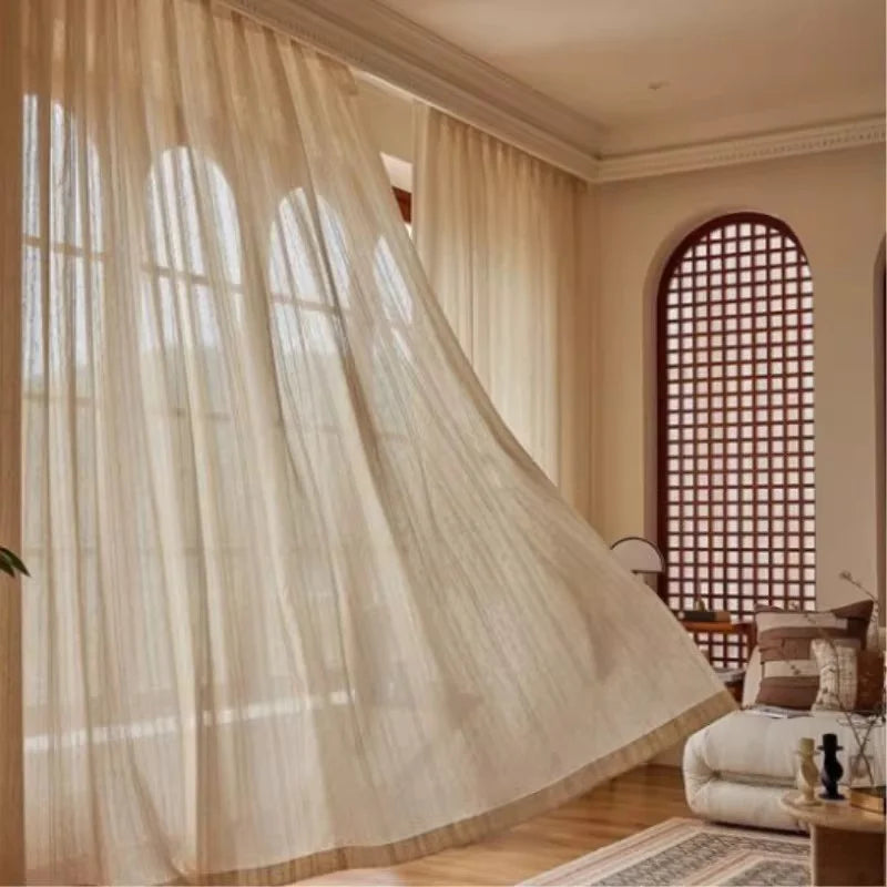 DOUBLE LAYER BLACKOUT CURTAINS - Solid Beige Pastoral Panel Set - Soft & Room-Darkening