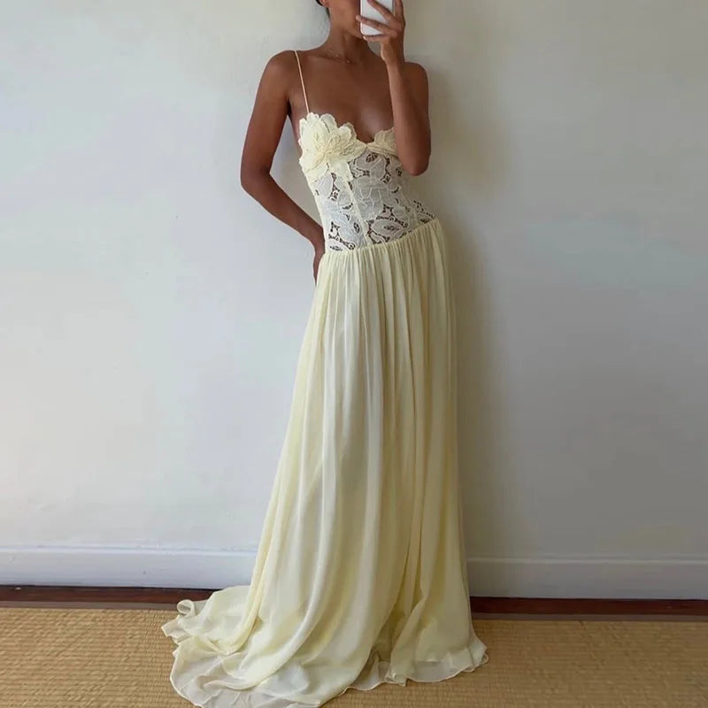 Elegant Pure Color Chiffon Dress Sexy Lace Spliced Mesh Pleated Evening Dress Fashion Hollow Out Sleeveless Halter Banquet Dress