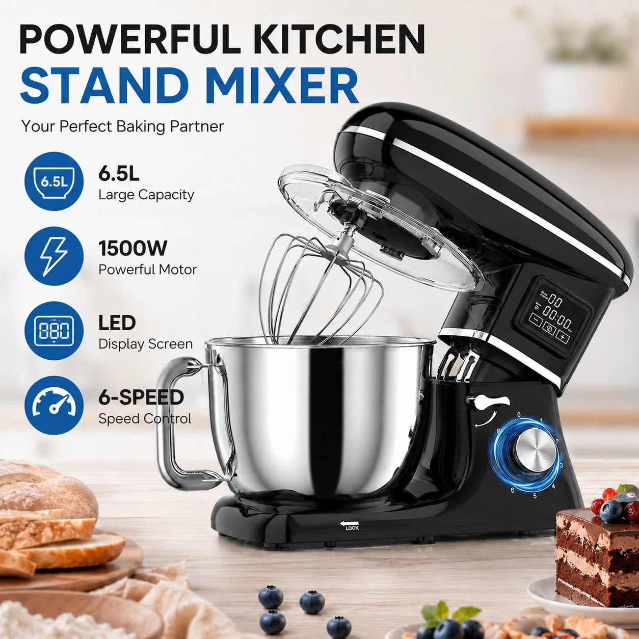 1500W Stand Mixer 6.5L - 6-Speed Kitchen Food Mixer LED