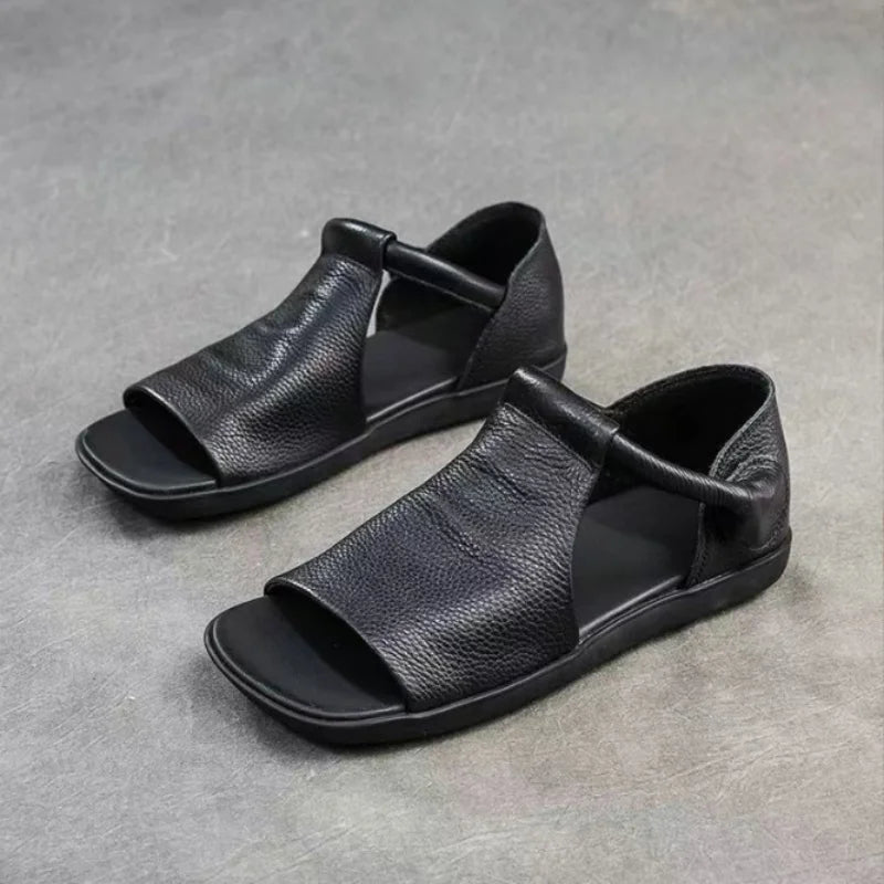 Women's Hook & Loop Flat Sandals Summer - Open-Toe Casual Beach Shoes, Comfortable Soft Sole Walking Sandals for Daily & Vacation