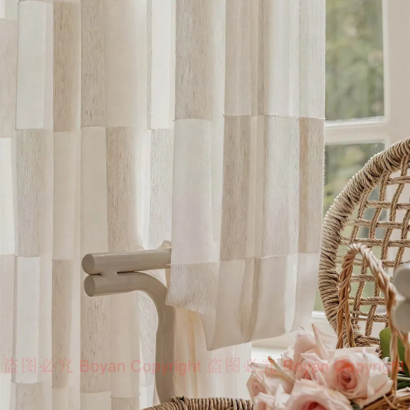 PLAID CHECK SHEER CURTAINS - Linen-Look Voile Tulle Panel - Vintage Grid & Airy