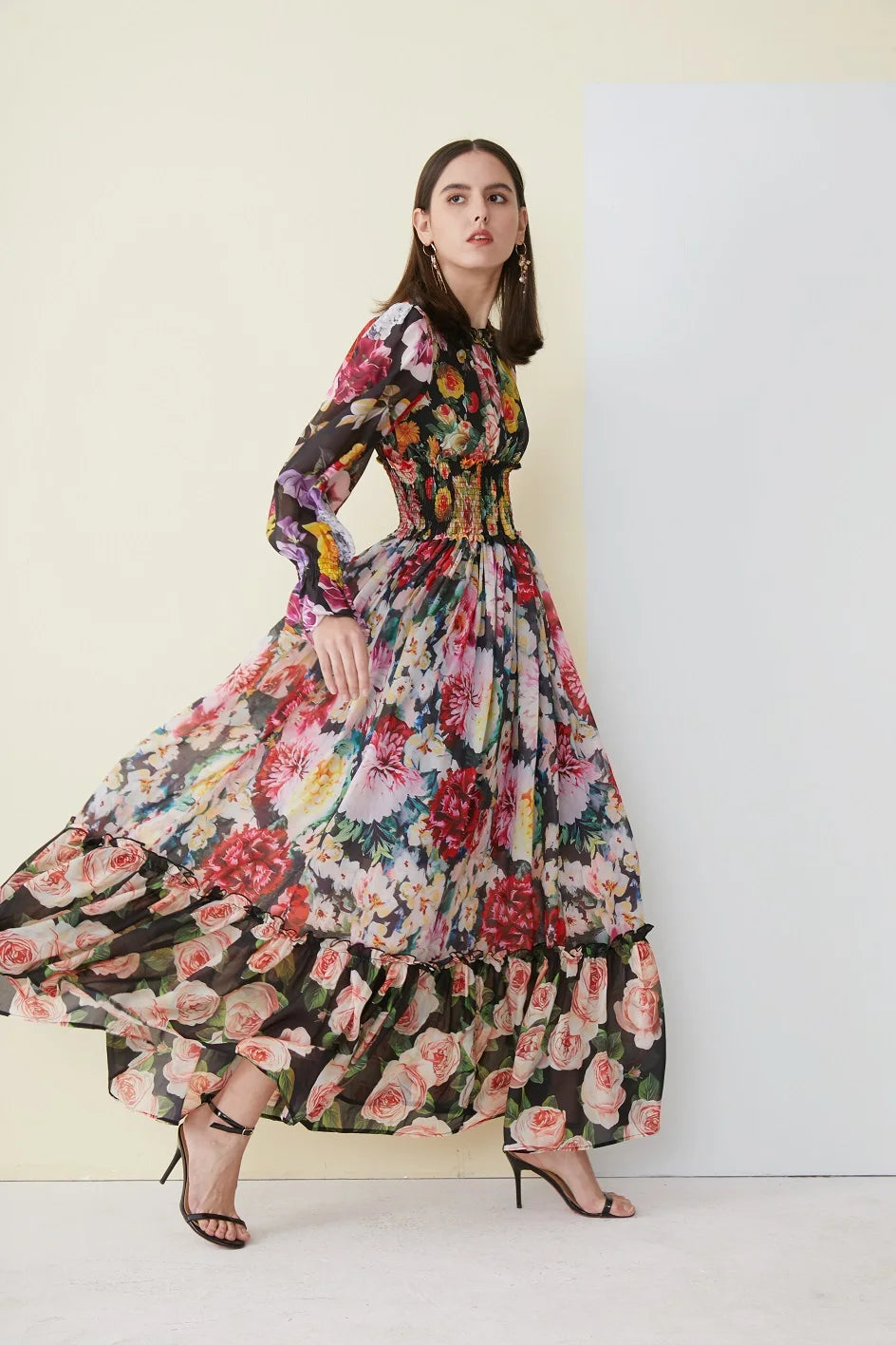 Ladies Elegant Floral Print Long Sleeve Dress Summer Beach Chiffon Ruffled Collar Dress Elegant Elasticity Waist A-Line Sundress