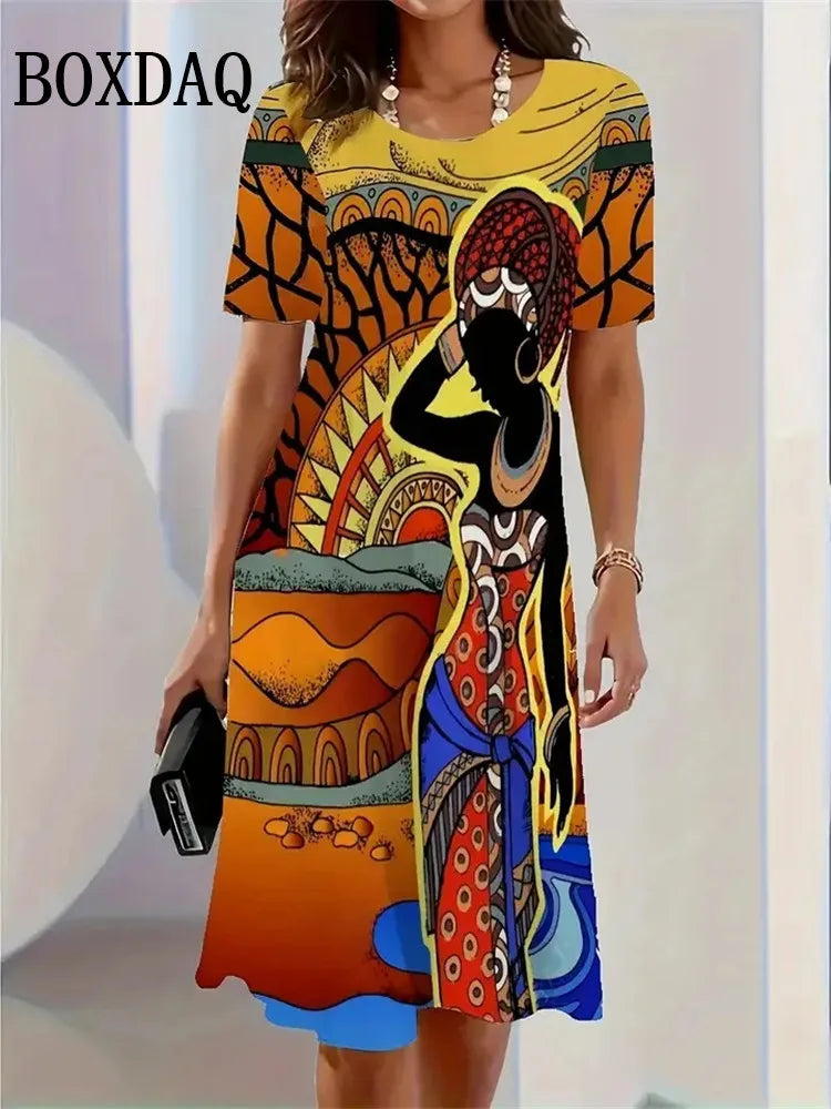 2025 Summer Women's Clothing Art Face Painting Print Women Casual Loose Short Sleeve Dresses Fashion Women Plus Size Dresses 9XL