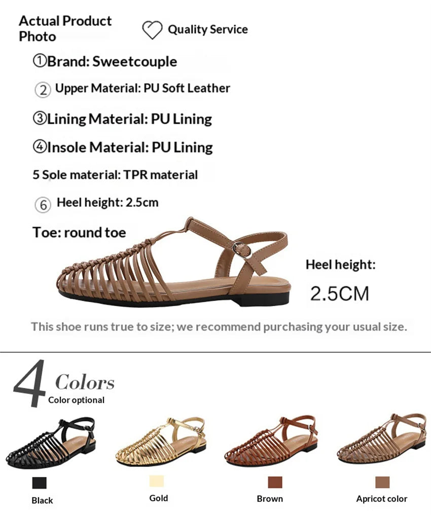 Band Flat Sandals Women Summer Round Toe Ankle Buckle Hollow Roman Sandal Plus Size Beach Shoe