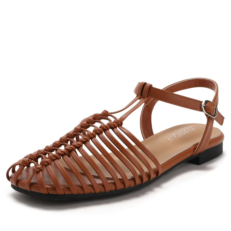 Band Flat Sandals Women Summer Round Toe Ankle Buckle Hollow Roman Sandal Plus Size Beach Shoe