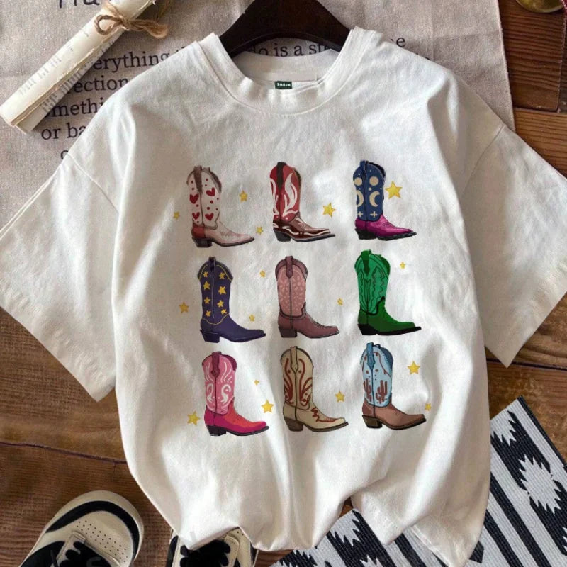 Western Boot Graphic Tops Tees Women Loose Vintage Boho T Shirt Cowgirl Cowboy Cute Hippie Tshirts Retro Vintage Female Clothing