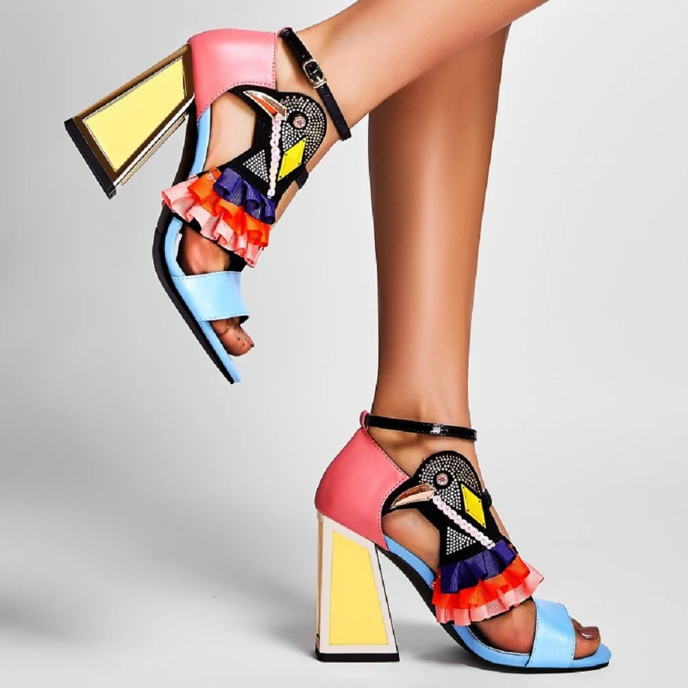 【JOCHEBED HU】New Designer High Heel Shoe Summer Sandals Ruffle Bird Decor Party Rhinestone Chunky Heel Novelty Sandalias 33-44