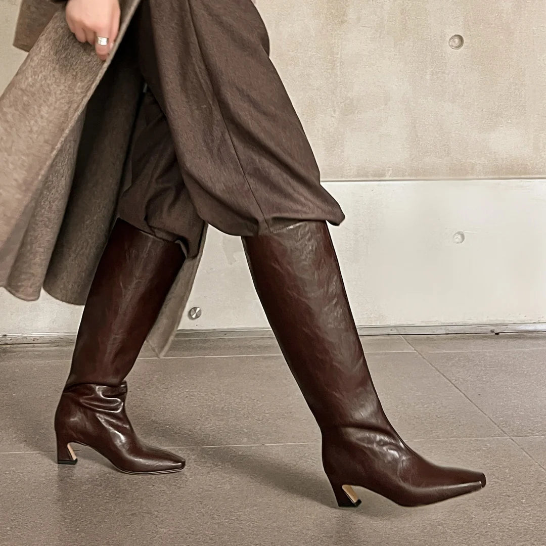 Genuine Leather Knee-High Boots – Square Toe Stiletto Slip-On