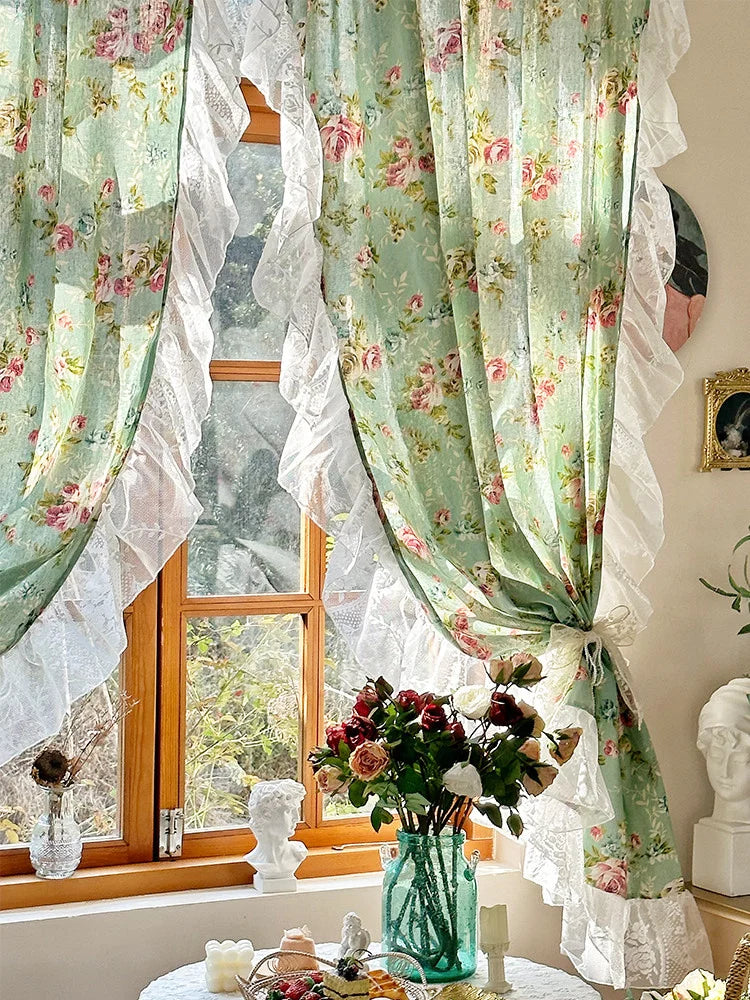 American Pastoral Style Curtain Linen-Cotton Kitchen Door Curtains Floral Pattern Cafe Living Room Window Half Curtain Decor