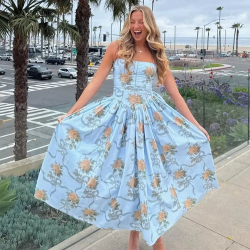 Blue Floral Corset Bodice Spaghetti Strap Maxi Dress — Boho Chic