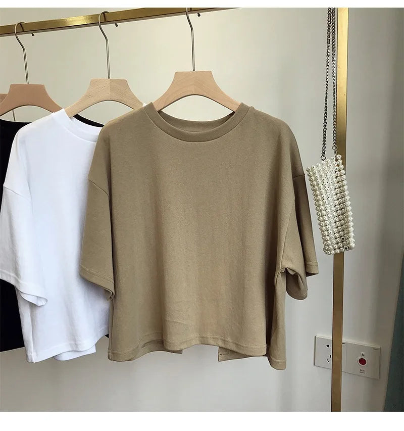 Summer Vintage Women's Short Sleeve Tee Korean Casual Backless Oversize T-Shirt Round Neck Short-Sleeved Crop Tops Y2k Brown Top