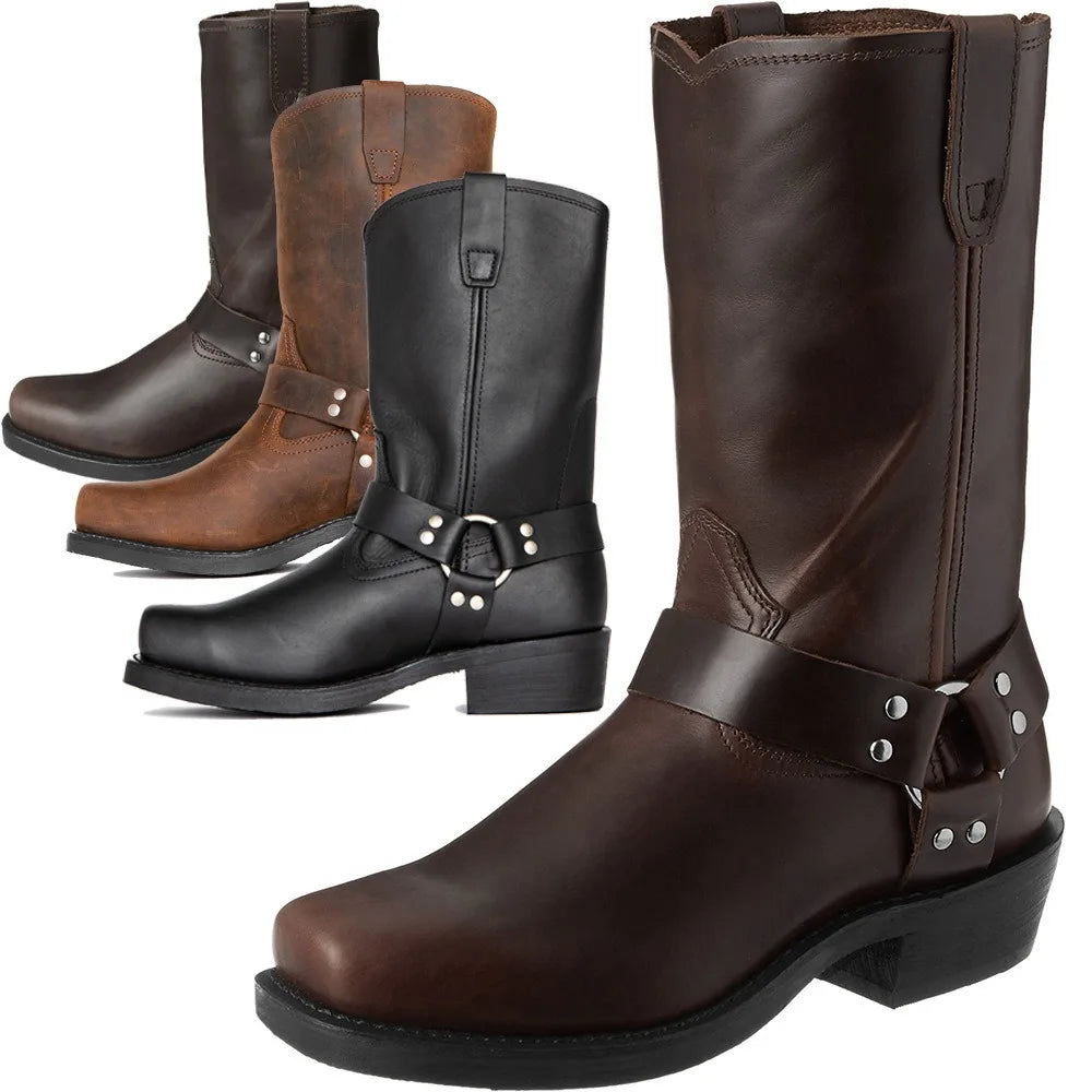 Men's Retro Western Cowboy Boots - Slip-On Square Toe Mid-Calf Waterproof