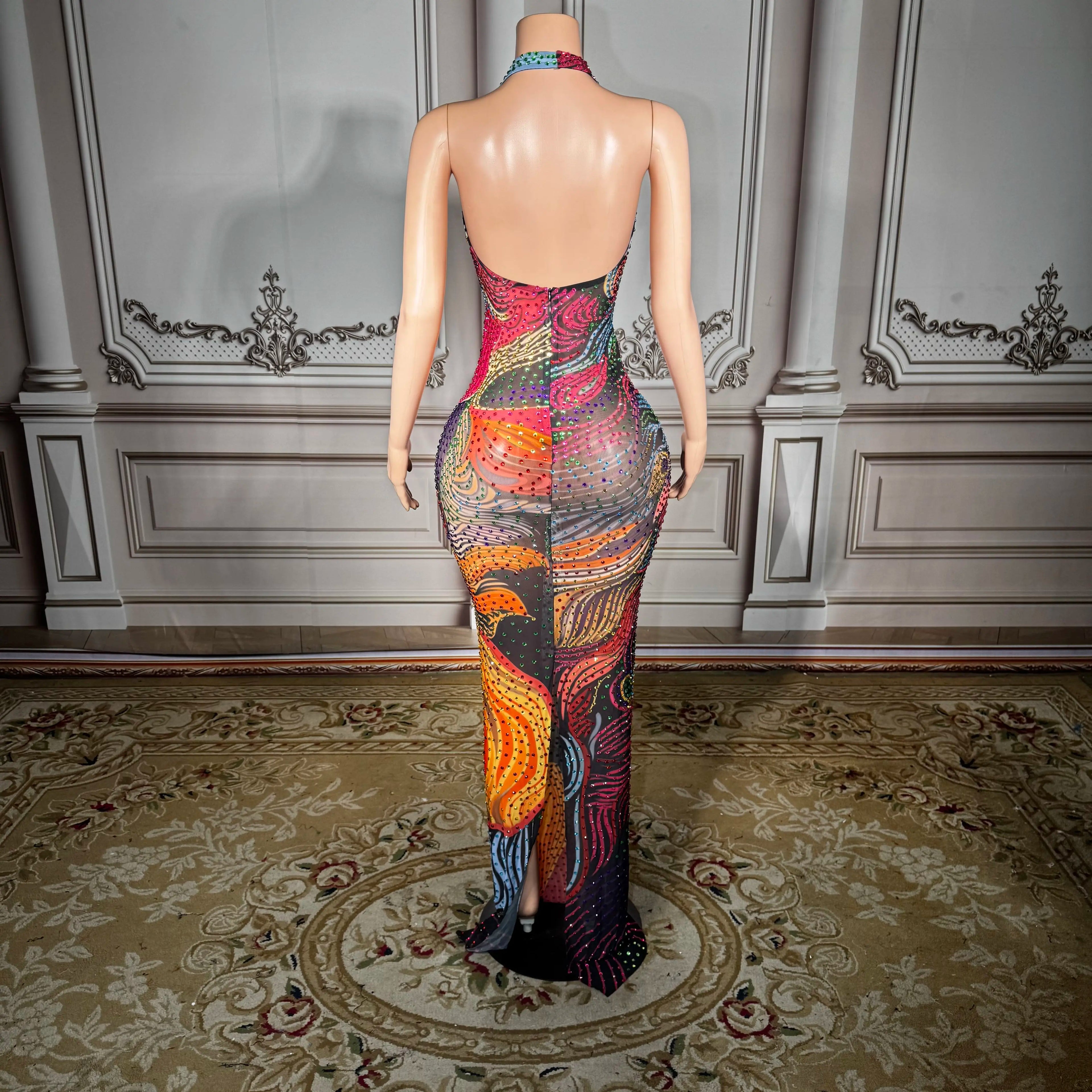 ZD ZD Plus Size Sexy Sheer Mesh Dress with Low Back & Colorful Rhinestones - Glamorous Nightclub & Party Gown for Women