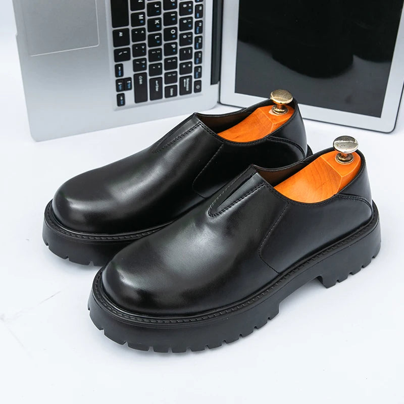 Men's Cowhide Loafers - Thick Sole Round Toe Breathable Casual Leather Shoes