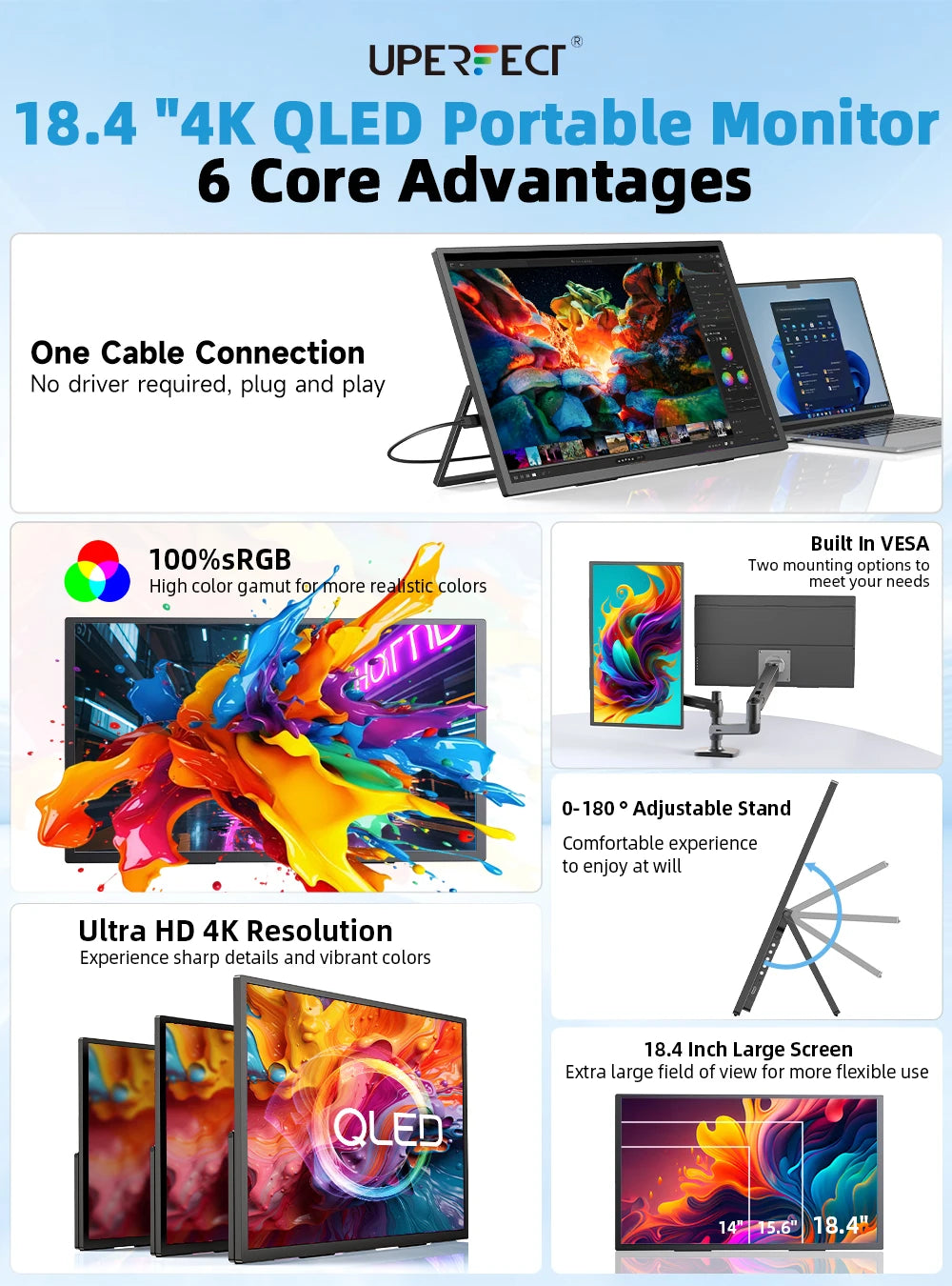 UPERFECT 18.4" 4K QLED Portable Monitor - Ultra-Slim Gaming Display