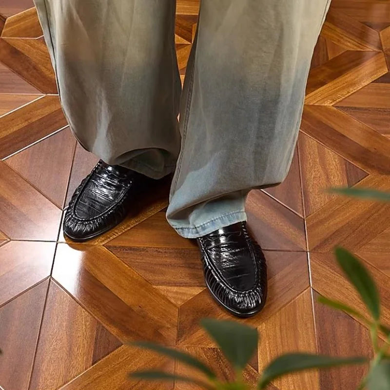 Men's Genuine Leather Loafers - Vintage Pleated Pointed Toe Slip-On Handmade