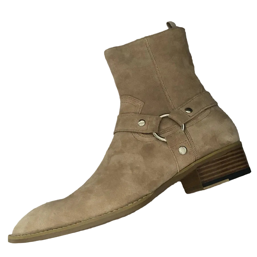 BEIGE SUEDE CHELSEA BOOTS - Men's Handmade Cow Suede Buckle Strap Catwalk Wedge - Luxury Style