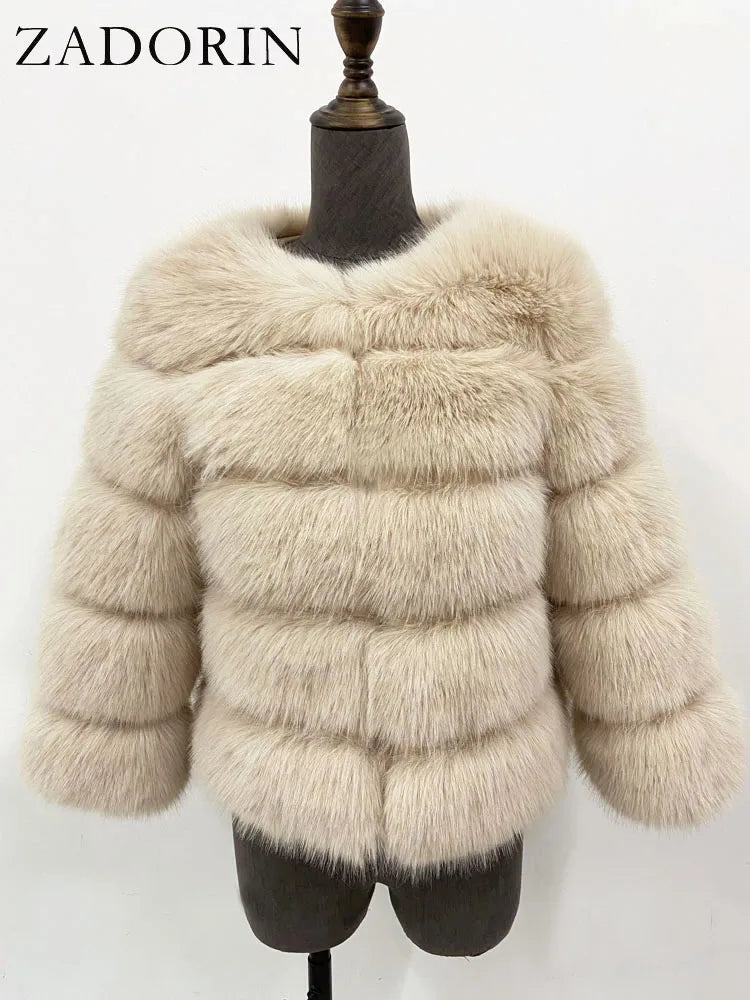 Women's Faux-Fur Jacket - Three-Quarter Sleeves - Plush Poise